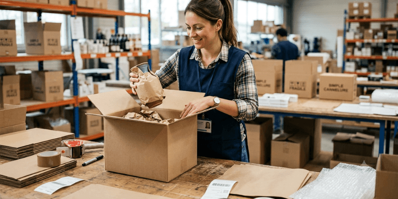 Une professionnelle emballe des objets dans un carton simple cannelure