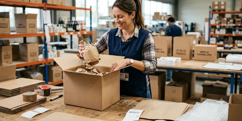 Une professionnelle emballe des objets dans un carton simple cannelure